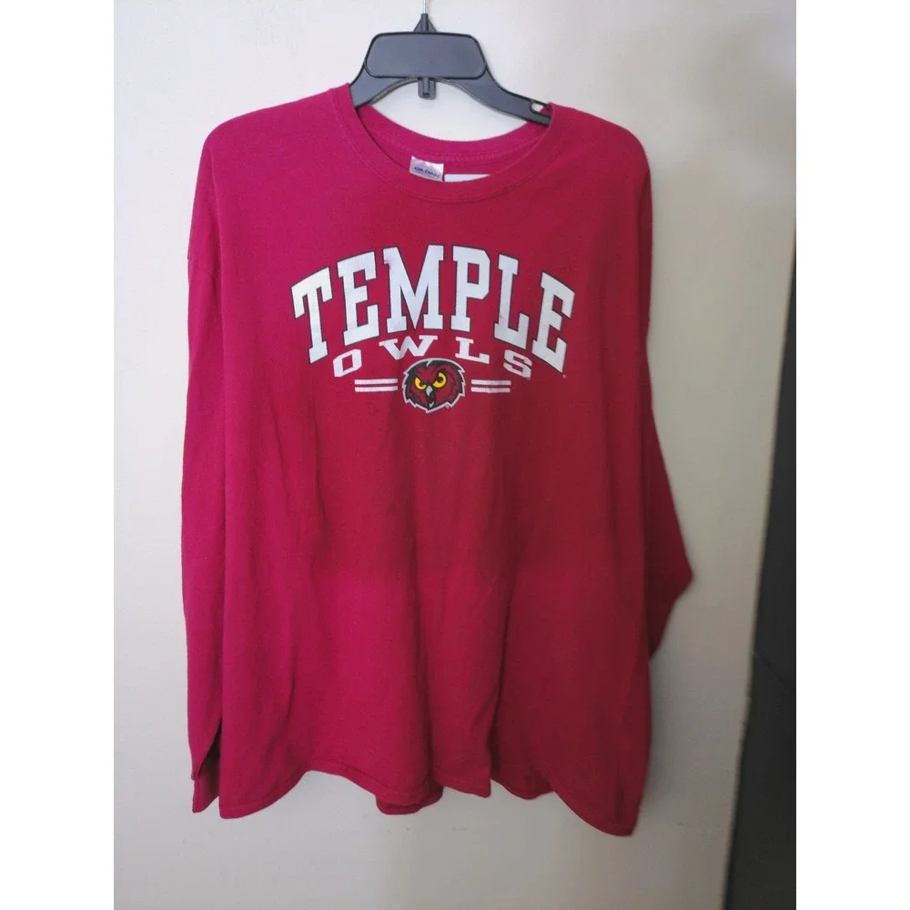 Gildan Temple Owls Long Sleeve T-Shirt Mens 2XL Red Good Graphic Collegiate